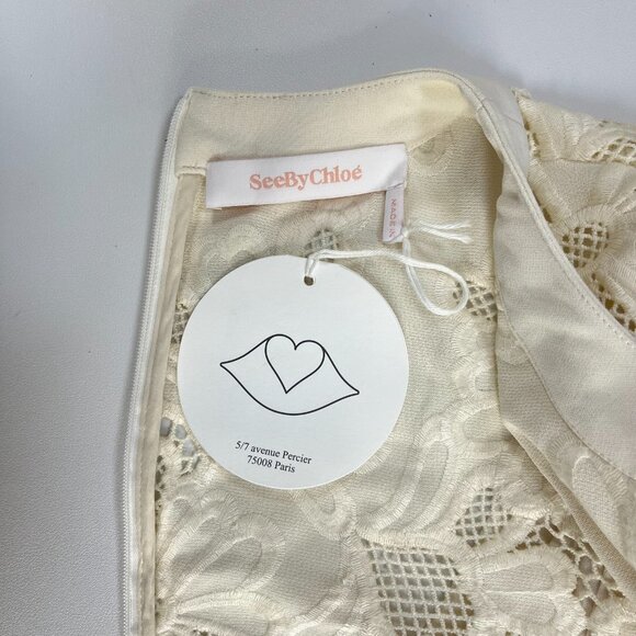 $655 NWT SEE BY CHLOÉ Embroidery Mini Dress Cream Size 40 Pleated Sleeves - Picture 10 of 13